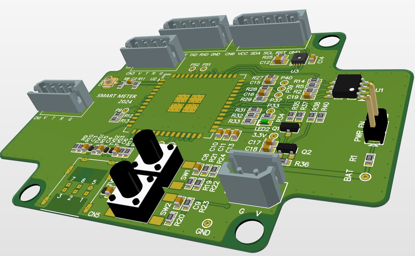 수도미터 PCB 설계: 수도미터 기판의 3D 설계 모습.